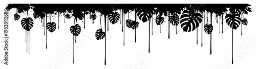 Tableau sur toile Tropical monstera leaf border with long dripping ink in grunge style