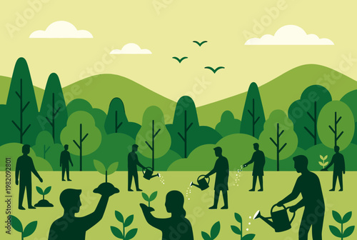 People Planting Trees Watering Saplings Eco Reforestation Illustration