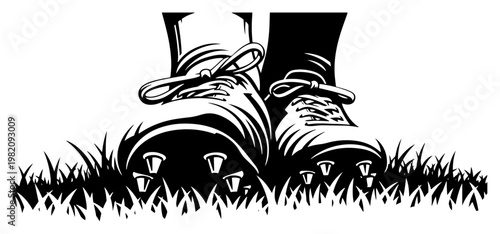 Soccer player cleats on grass field pitch in bold graphic silhouette style