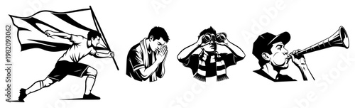 Soccer supporters and football fans cheering with flag binoculars and horn in bold line art style