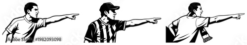 Football players and referee characters pointing their fingers during match in bold line art style