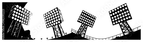 Stadium floodlights and light towers in high contrast silhouette style