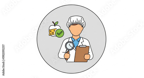 Food safety inspector checking quality with magnifying glass and clipboard.