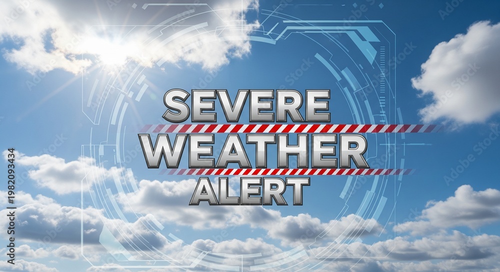 Fototapeta premium Digital Graphic Alert for Severe Weather with Clouds and Sunbeams - Futuristic Interface Overlay