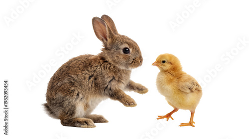 An endearing young rabbit and a cheerful little chick interacting playfully, captured in a bright studio photograph.