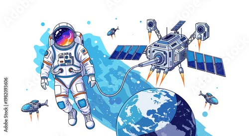 Astronaut floating in space, connected to a satellite, with Earth and smaller spacecraft in the background, illustrating space exploration and technology.