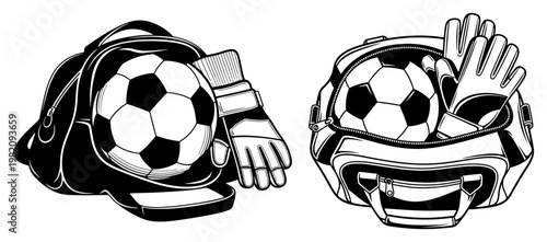 Sports bags with soccer balls and goalkeeper gloves in professional line art style