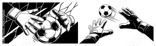 Goalkeeper hands reaching to catch or save flying soccer ball in dynamic line art style