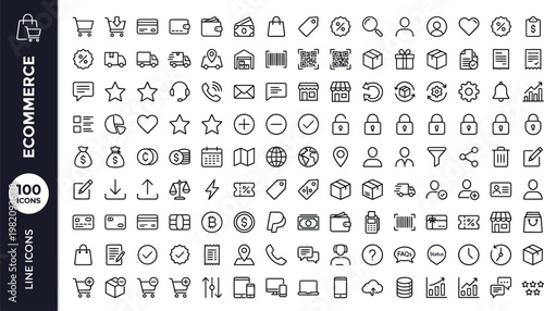 A collection of 100 ecommerce line icons on a white background, featuring various symbols for online shopping and business. AI, eps, png, jpg. transparent background.
