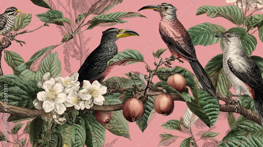 Fototapeta premium Birds with big beaks fly on cocoa trees. This drawing is a repeating design for cloth and wallpaper.
