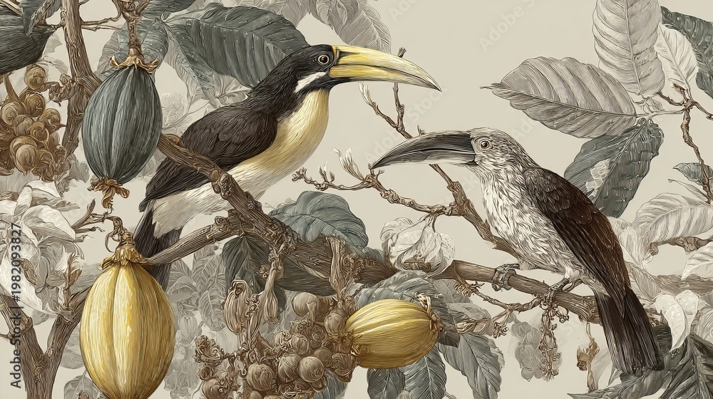 Fototapeta premium Birds with big beaks fly on cocoa trees. This drawing is a repeating design for cloth and wallpaper.