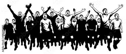Soccer fans cheering and celebrating together in high contrast silhouette style