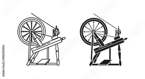 Vintage spinning wheels, antique wheel illustrations, black and white, vector graphics, textile equipment, old machinery
