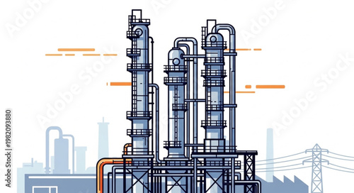 Industrial Chemical Plant Distillation Towers and Piping System.