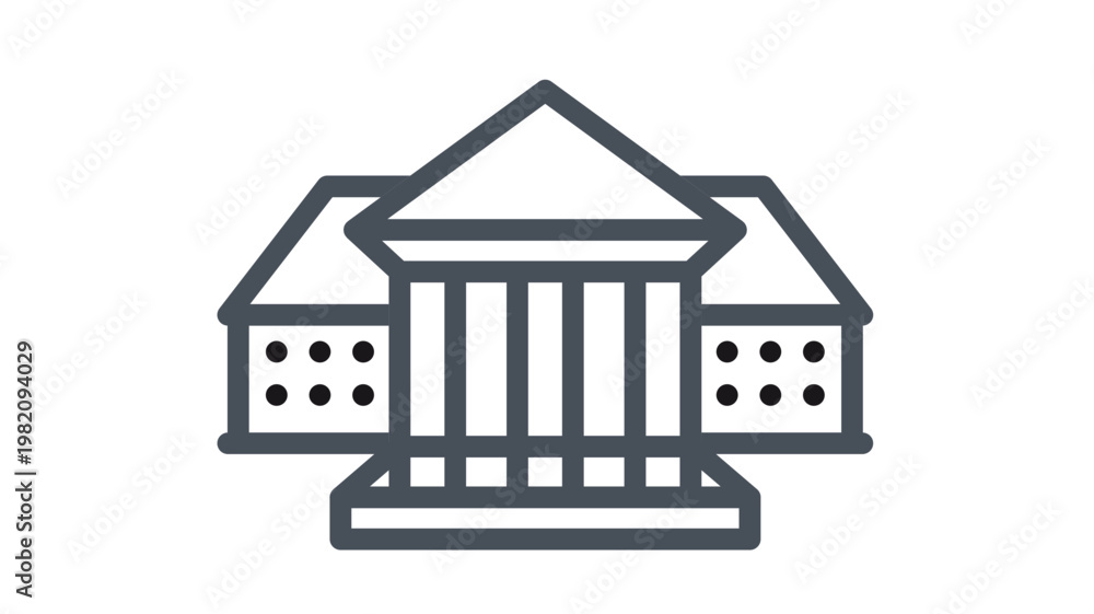 Obraz premium Black vector icon illustration of a classical architectural building featuring a central portico with columns and a triangular pediment, representing a government office, museum, or university.