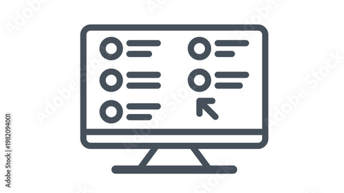 Minimalist black line vector icon illustration of a computer monitor displaying an online survey, digital questionnaire, or web form with multiple choice radio buttons and a mouse cursor.