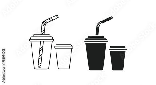 Disposable cup icons, drinkware set, straw cups, takeout containers, black and white