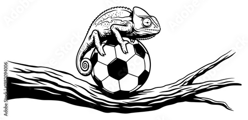 Chameleon lizard sitting on tree branch with soccer ball detailed engraving style