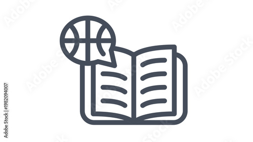 Open book with basketball in speech bubble vector icon illustration. Concept of sports education, basketball rules, coaching manual, sports journalism, athletic learning, and training symbol.