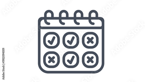 Minimalist black line art vector icon of a spiral calendar featuring checkmarks and crosses, ideal for habit tracking, task management, scheduling progress, and attendance monitoring symbols.