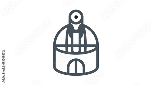 Black line vector icon of an astronomical observatory with a telescope dome and entrance, minimalist symbol for space exploration, science, and astronomy research, scalable graphic illustration.