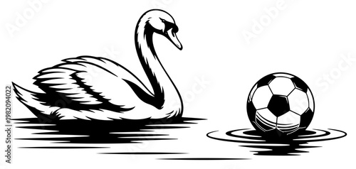Swan swimming on water surface next to floating soccer ball minimalist silhouette style