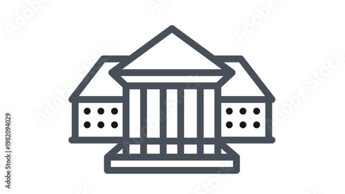 Black vector icon illustration of a classical architectural building featuring a central portico with columns and a triangular pediment, representing a government office, museum, or university.
