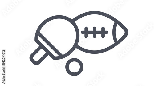Minimalist vector icon illustration of sports equipment including a ping pong paddle, table tennis ball, and an American football, ideal for athletic branding, game apps, and fitness graphics.