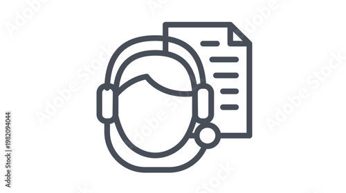 Minimalist black line vector icon of a customer service representative wearing a headset with a document in the background, symbolizing technical support, help desk assistance, and documentation.