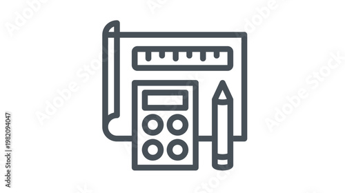 Architectural blueprint vector icon featuring a ruler, calculator, and pencil. Minimalist black line illustration for engineering design, construction planning, and project management concepts.