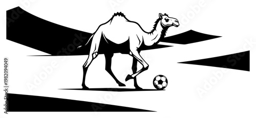 Camel walking through desert sand dunes with soccer ball minimalist silhouette style