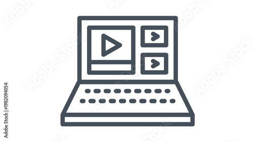 Laptop computer with video player interface on screen, minimalist vector icon illustration of online streaming, multimedia content, and digital media playback on a notebook device.