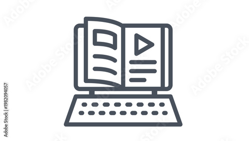 E-learning vector icon illustration of a laptop with an open book and play button on the screen, representing online education, digital learning, and distance study in a minimalist black style.