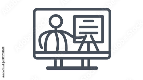 Minimalist black line art vector icon of a person giving a presentation on a computer screen, representing online learning, webinars, digital classrooms, e-learning, and remote video teaching.