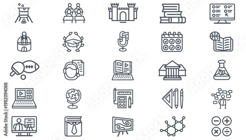 25 Minimalist Black Vector Icon Set Bundle for Education, Science, Business, and Technology. Includes Books, Graduation Cap, Laptop, Globe, Molecule, Sports, Architecture, and Art Symbols.