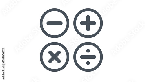 Vector illustration of basic mathematical operation icons including plus, minus, multiplication, and division symbols inside circles, minimalist black arithmetic signs for education and business.