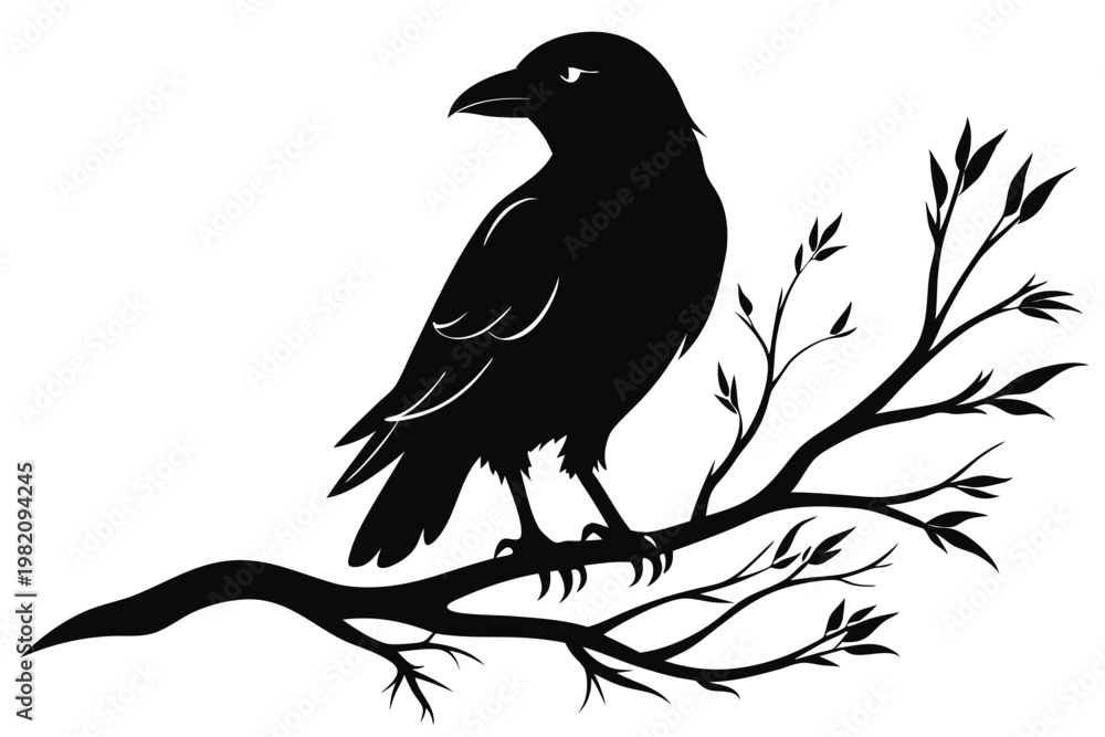 Obraz premium crow setting on a branch silhouette line art vector illustration with a white background