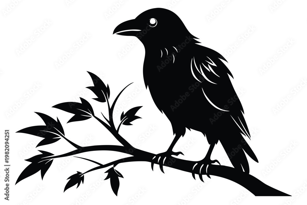 Obraz premium crow setting on a branch silhouette line art vector illustration with a white background