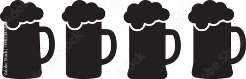 A black vector illustration of a man's silhouette holding a gun next to a cold mug of beer with foam in a pub