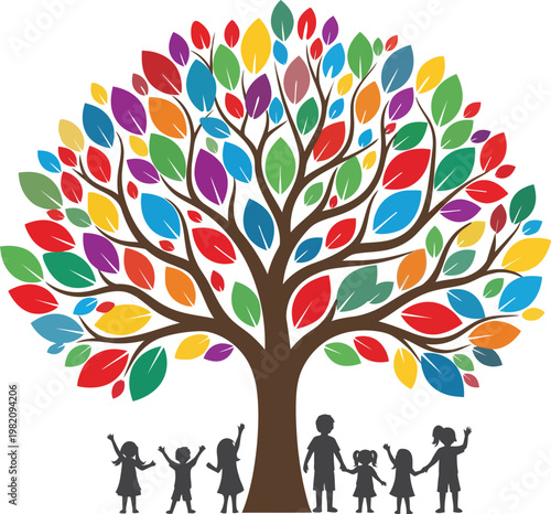 Creative family tree with colorful leaves and children silhouettes under branches