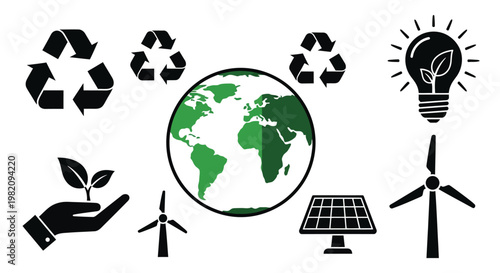 Sustainable energy symbols featuring earth recycling and renewable sources