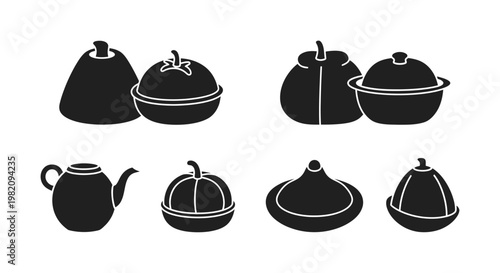 Black silhouette icons depicting various teapots and serving dishes