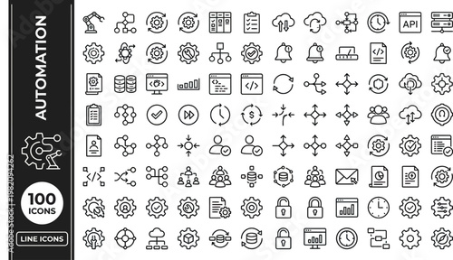 A collection of line icons depicting various automation concepts and tools on a clean white background AI, eps, png, jpg. transparent background.
