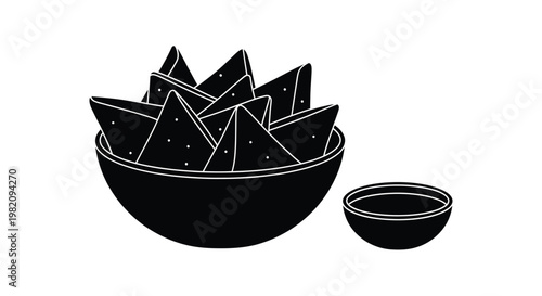 A black and white illustration of tortilla chips in a bowl