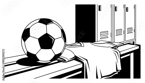 Soccer locker room with ball and jersey on bench dressing room silhouette style