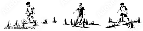 Boy soccer player training dribbling between cones sports silhouette style