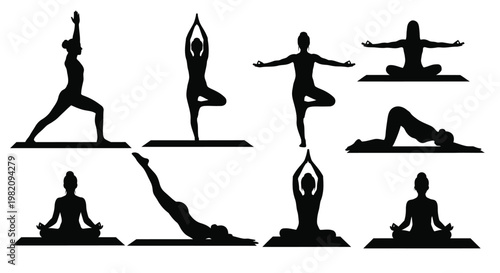 Silhouettes of people practicing various yoga poses on mats