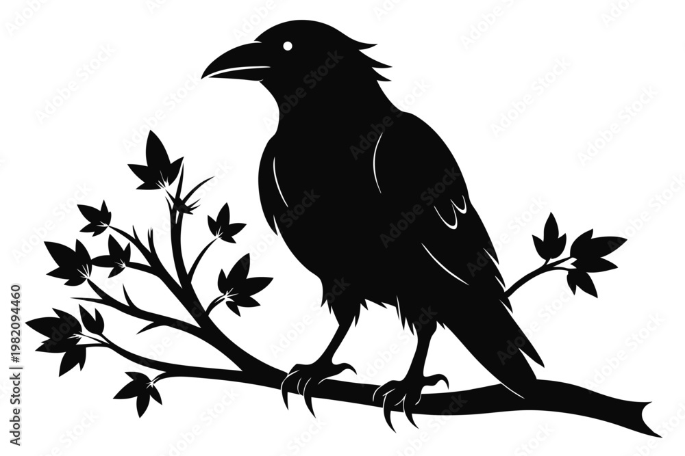 Fototapeta premium crow setting on a branch silhouette line art vector illustration with a white background