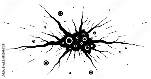 Radial ink splash with jagged cracks and circular impact marks in grunge silhouette style