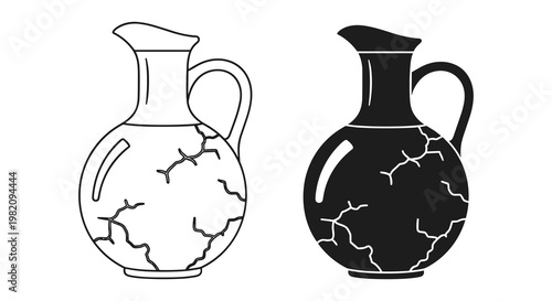 Vintage jug icons, cracked pottery, black and white illustrations, ceramic vessels, 2 designs